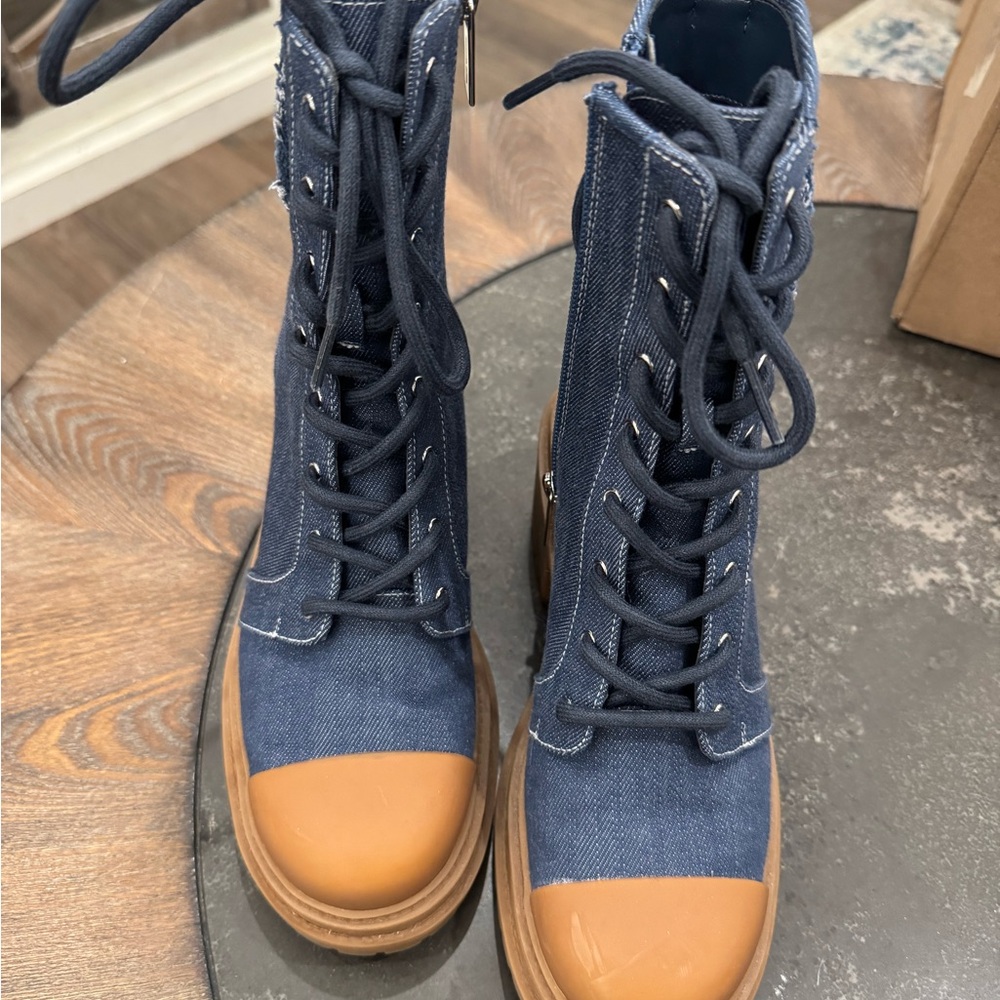 Michael Kors Blue Denim Lace-Up Platform Boots with Tan Cap Toe - Picture 4 of 4
